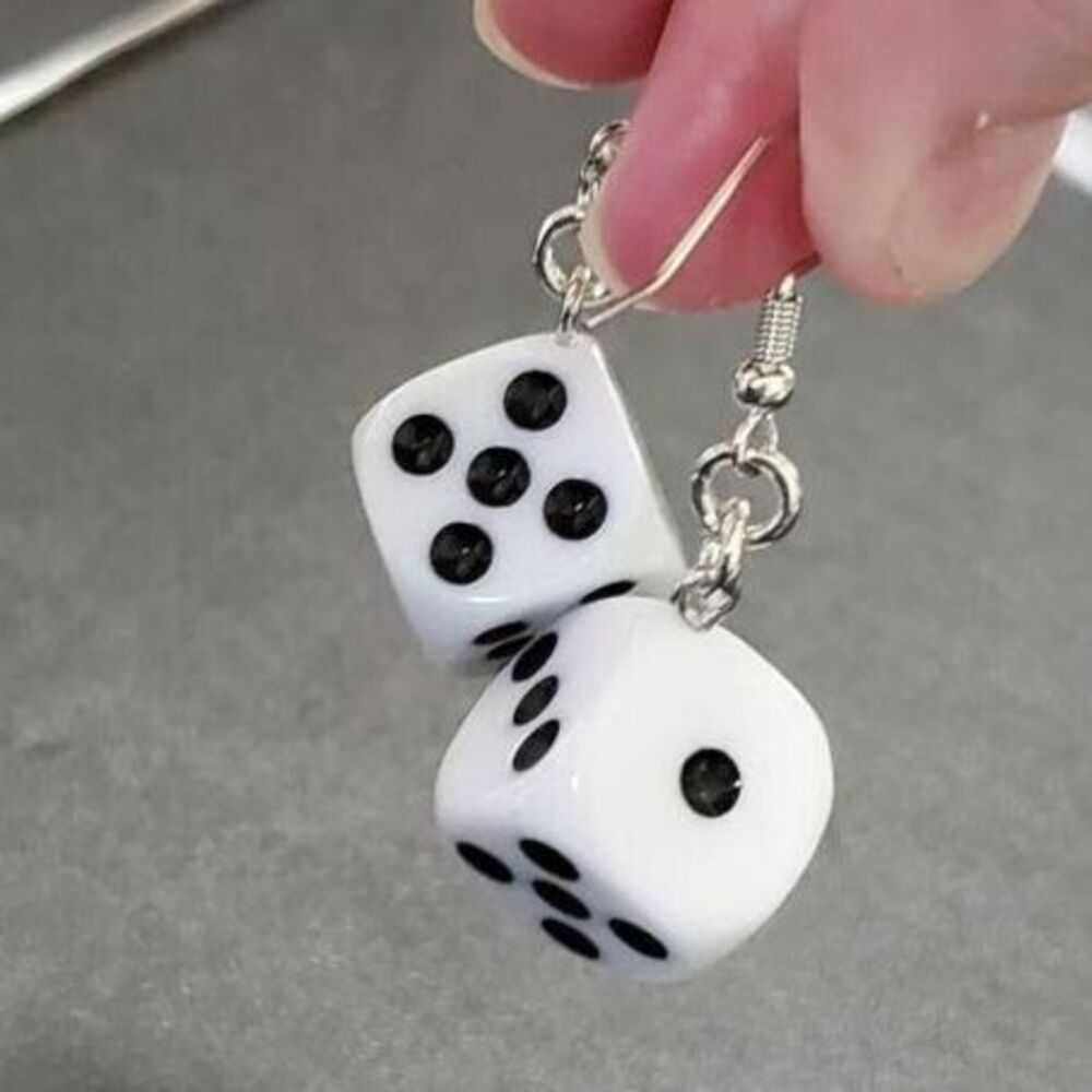 White and black dangling dice earrings